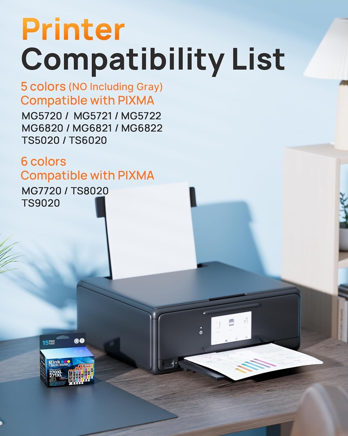 image:imageEZ Ink 270 271 XL Ink Compatible for Canon 270 271 PGI270XL CLI271XL Ink Cartridges to use with Canon Pixma TS6020 TS9020 MG7720 MG6821 MG5720 MG5721 MG5722 MG6820 MG6822 TS5020 TS802015 Pack