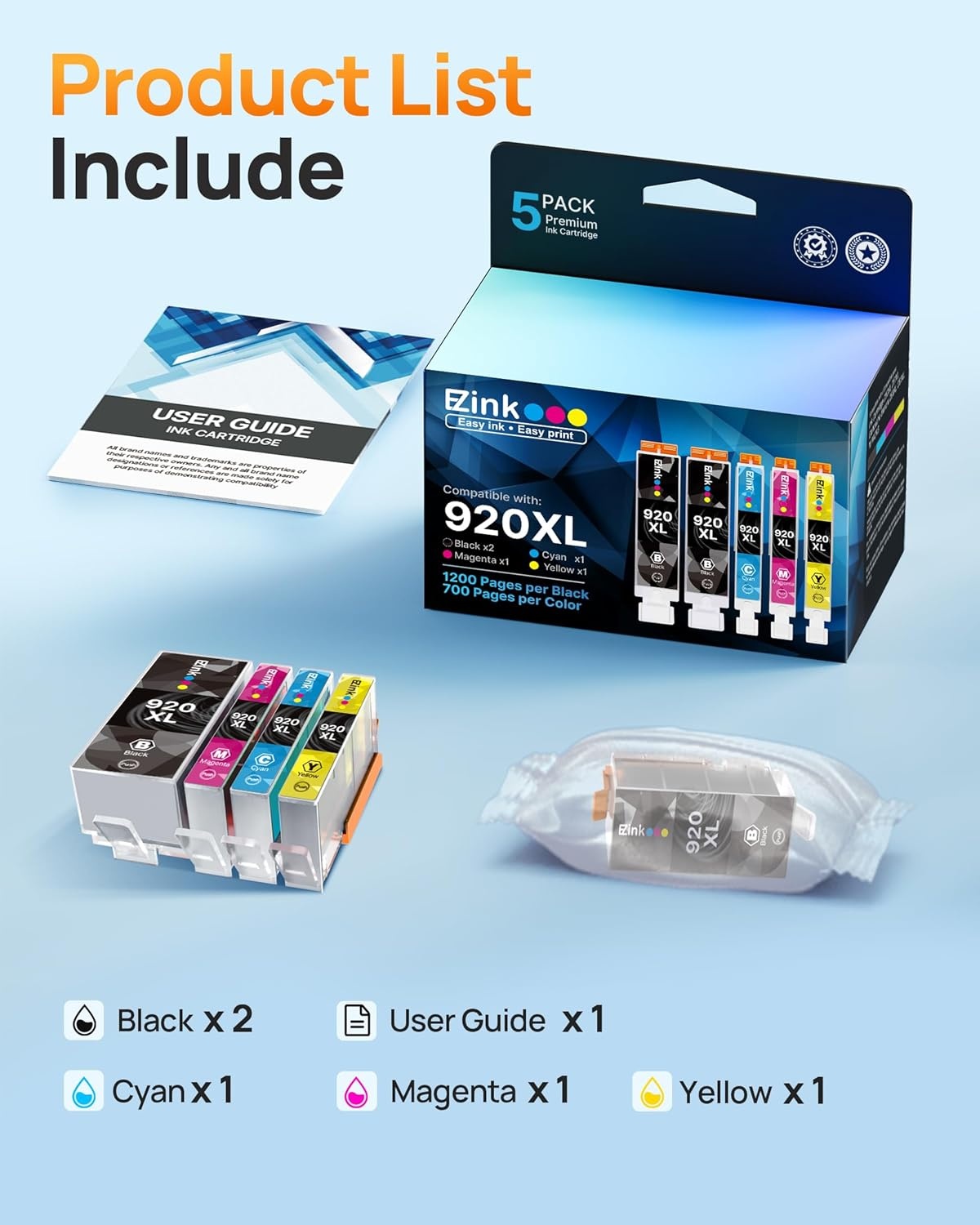 image:imageEZ Ink Compatible 920xl Ink Cartridges Combo Pack Replacement for HP 920XL 920 for use with Officejet 6500 6500A 6000 7000 7500 7500A E709 Printer 2 Black 1 Cyan 1 Magenta 1 Yellow 5 Pack