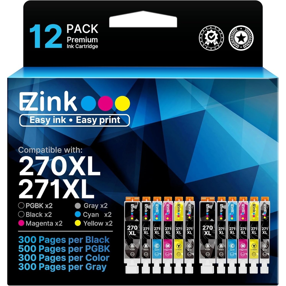 image:imageEZ Ink Compatible Ink Cartridge Replacement for Canon PGI270XL CLI271XL PGI 270 to use with PIXMA TS9020 TS8020 MG7720 2 Large Black2 Small Black2Cyan2 Magenta2 Yellow2 Gray 12 Pack